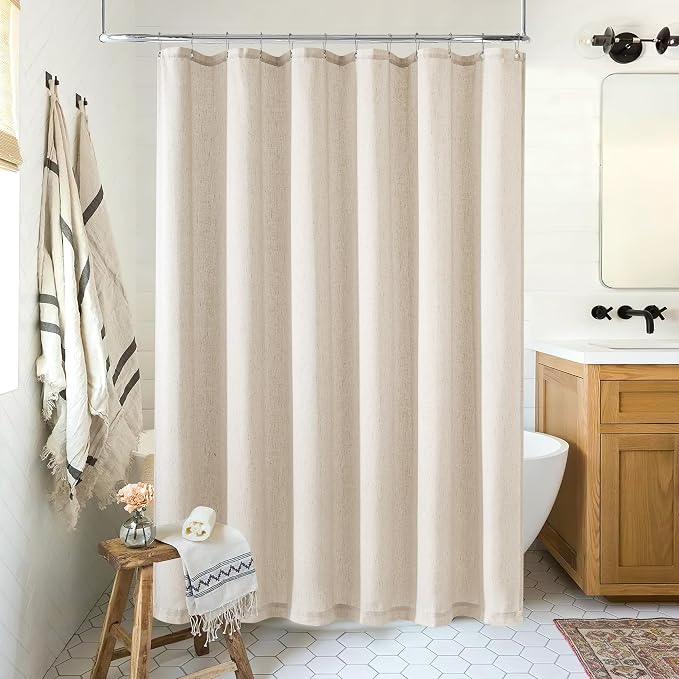 Beige Linen Shower Curtain for Bathroom Water Repellent 72x84 Inch | Extra Long XLong Tall, Shower Curtains 84 Inch Long, Bathtub, Neutral Country Farmhouse Boho Drapes, with Hooks, Tan Beige
