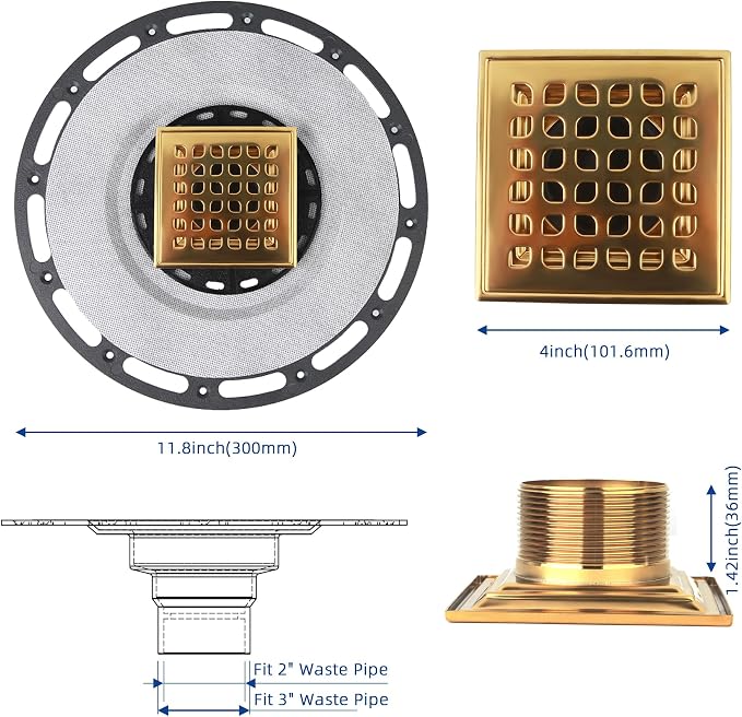 4-Inch Square Shower Drain Kit with Bonding Flange, Polished Gold | Removable 304 stainless steel grate with hair strainer; fits 2- and 3-inch pipes for tiled shower floors and wet areas