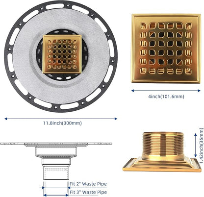 4-Inch Square Shower Drain Kit with Bonding Flange, Polished Gold | Removable 304 stainless steel grate with hair strainer; fits 2- and 3-inch pipes for tiled shower floors and wet areas