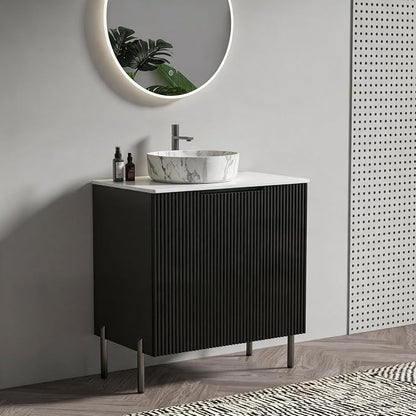 30" Mid-Century Modern Black Bathroom Vanity with Sink, Bathroom Storage Cabinet with Carrara Marble Finish Sink, Soft-Closing Doors, Drain Assembly and Pipe NOT Included