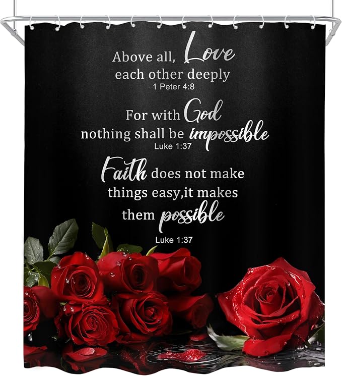 Black Red Rose Floral Christian Women Vintage Bathroom Shower Curtain Set | 60"W x 72"H Flower Inspirational; waterproof HD print, quick-dry fabric and plastic hooks for easy setup.