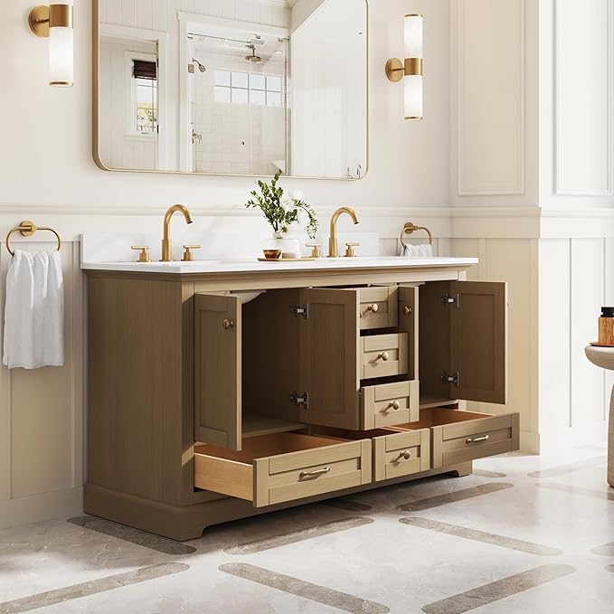 WELLFOR 60" Bathroom Vanity with Double Sinks, Bathroom Freestanding Vanity W/4 Soft-Close Doors and 6 Drawers, Large Storage Space Vanity, Bathroom Vanity with Cultured Marble Countertop (Oak)