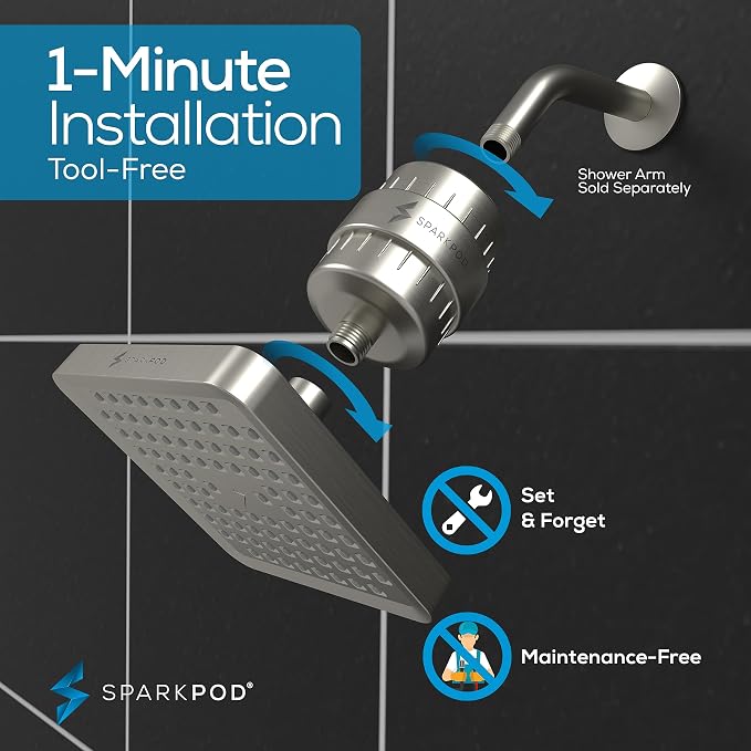 SparkPod Filtered Shower Head, 23-Stage, 6" Square, Brushed Nickel | Showerhead for Hard Water, High Pressure, Reduces Chlorine, Heavy Metals, For Dry Skin & Hair, Removable Capsule Filter