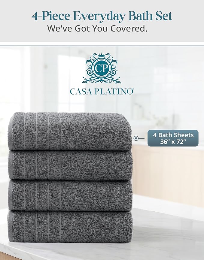 Casa Platino 100% Cotton Bath Sheets Set of 4 (36"x72") - Ring Spun Cotton Extra Large Bath Towels Sets - Quick Dry, Soft & Absorbent Oversized Grey Towel Sets - Fade Resistant - Ultimate Grey