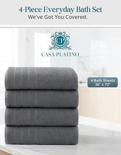 Casa Platino 100% Cotton Bath Sheets Set of 4 (36"x72") - Ring Spun Cotton Extra Large Bath Towels Sets - Quick Dry, Soft & Absorbent Oversized Grey Towel Sets - Fade Resistant - Ultimate Grey