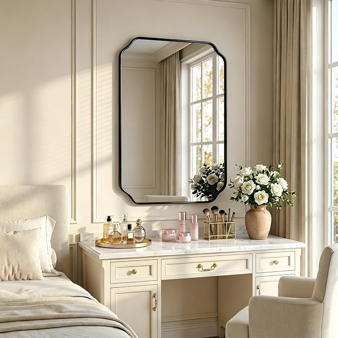 36"x24" Black Wall Bathroom Mirror, Scalloped Edge Vanity Mirror | Hangs Vertically/Horizontally, Wooden Frame Decorative Mirror, For Vanity, Bedroom & Entryway, Aesthetic Bathroom Decor