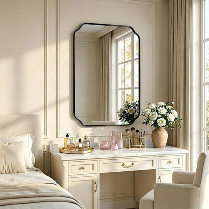36"x24" Black Wall Bathroom Mirror, Scalloped Edge Vanity Mirror | Hangs Vertically/Horizontally, Wooden Frame Decorative Mirror, For Vanity, Bedroom & Entryway, Aesthetic Bathroom Decor