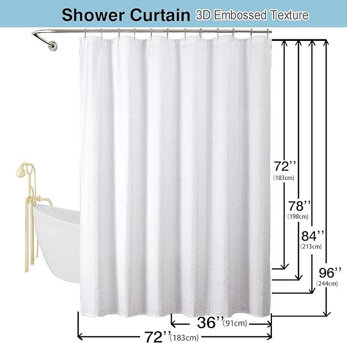 Aiyufeng Moga White Long Fabric Shower Curtain 72x78 inches Long, Hotel Quality, Washable, Water Repellent, White Spa Bathroom Curtains with 12 Button Holes, 72x78