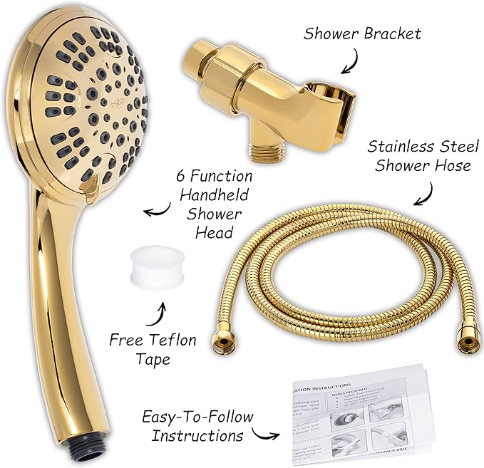 Luxury Handheld Shower Kit - 1.8 GPM - Polished Brass | 6 Function High Pressure Removable Hand Held Showerhead with Hose and Mount, Easy Install for Boosting Low Water Flow Baths