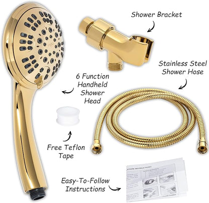Luxury Handheld Shower Kit - 2.5 GPM - Polished Brass | 6 Function High Pressure Removable Hand Held Showerhead with Hose and Mount, Easy Install for Boosting Low Water Flow Baths