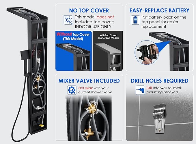ROVOGO Led Shower Panel Tower System, Lighted Shower Head 2-Setting (Rainfall & Mist Mode), Large Body Jets, Handheld and Tub Spout, 50" Stainless Steel Shower Column with Mixer Valve, Black