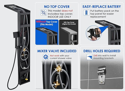 ROVOGO Led Shower Panel Tower System, Lighted Shower Head 2-Setting (Rainfall & Mist Mode), Large Body Jets, Handheld and Tub Spout, 50" Stainless Steel Shower Column with Mixer Valve, Black