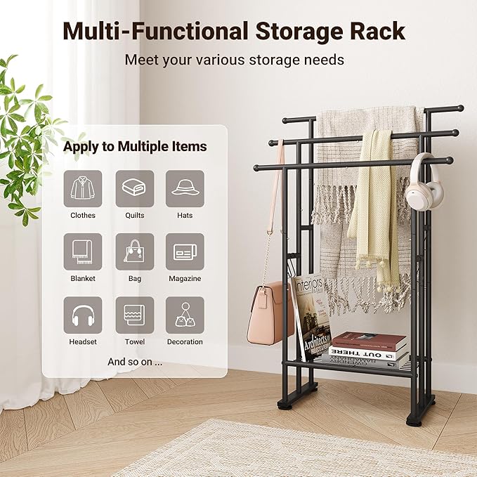 ELYKEN 3 Tier Standing Towel Rack, 40'' Tall Towel Drying Rack Outdoor, Freestanding Floor Towel Rack with Shelf, Pool Towel Blanket Stand, Metal Towel Racks for Bathroom freestanding, Matte Black