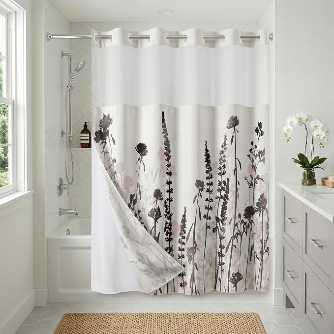 Americanflat 72x75 Hookless Shower Curtain - Water-Resistant Floral Shower Curtain with Sheer Panel, Snap-in Liner, and Grommets - 100% Polyester - Botanical Bathroom Curtains - Black, Pink and White