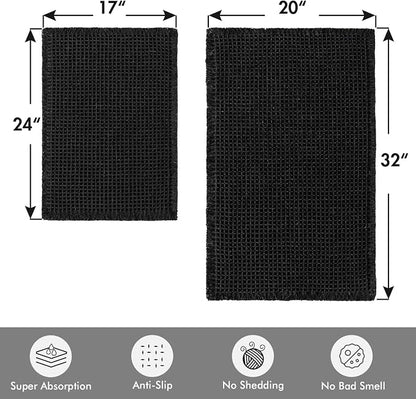 MIULEE Set of 2 Waffle Bathroom Rugs Boho Bath Mat Black 17"x24"+20"x32" | Non Slip, Super Absorbent, Washable, Ultra Soft, Rubber Backed Bath Rugs for Bathroom Floor Tub Shower