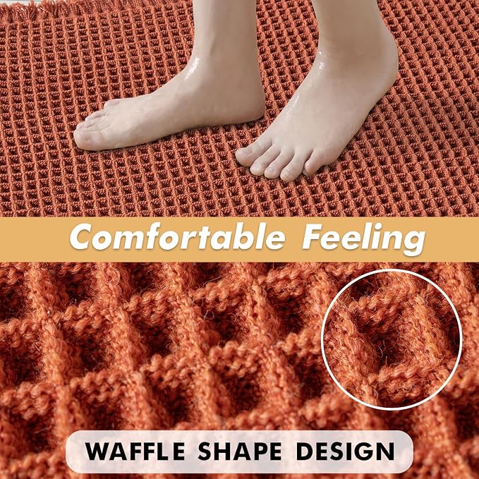 MIULEE Fall Orange Set of 2 Waffle Bathroom Rugs Bath Mat 17"x24"+17"x48" | Non Slip, Super Absorbent, Washable, Ultra Soft, Rubber Backed, Small Boho Bath Rug and Bathroom Runner for Floor Tub Shower