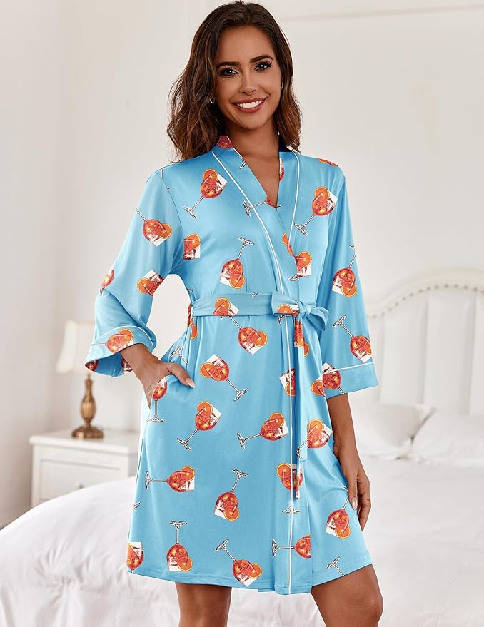 Ekouaer Women Kimono Robes Knee Length Knit Bathrobe Lightweight Soft Sleepwear V-neck Casual Ladies Loungewear