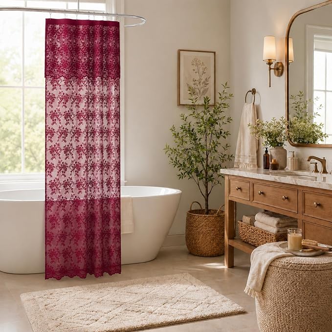 YJ YANJUN Burgundy Lace Stall Shower Curtain 36 x 72 Inch, Vintage Floral | Victorian Narrow Shower Curtain with Attached Valance, Sheer Privacy for RV, Apartment, Guest and Small Bathroom Décor 1Panel