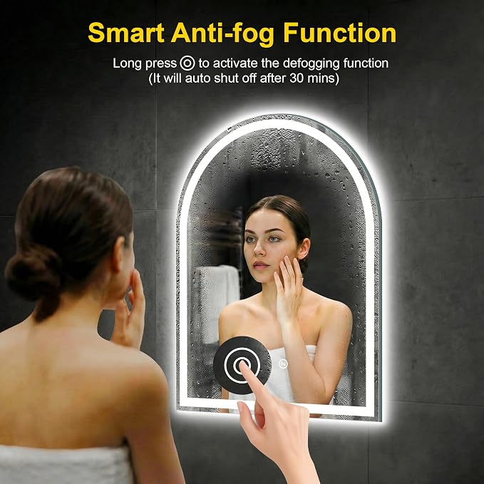 Arched LED Bathroom Mirror with Lights, 20" x 28" Lighted Vanity Mirror | Anti-Fog, Dimmable 3 Colors, Backlit + Frontlit, HD Shatterproof Tempered Glass, Memory Function