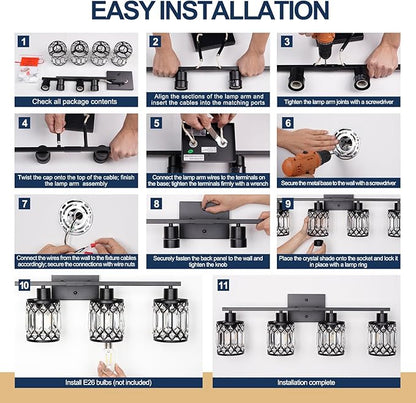 Crystal Modern Bathroom Light Fixtures, 4-Light Black Bathroom Vanity Wall Light, Vanity Lights for Mirror, Restroom, Bedroom (E26 Socket, Bulbs Not Included)