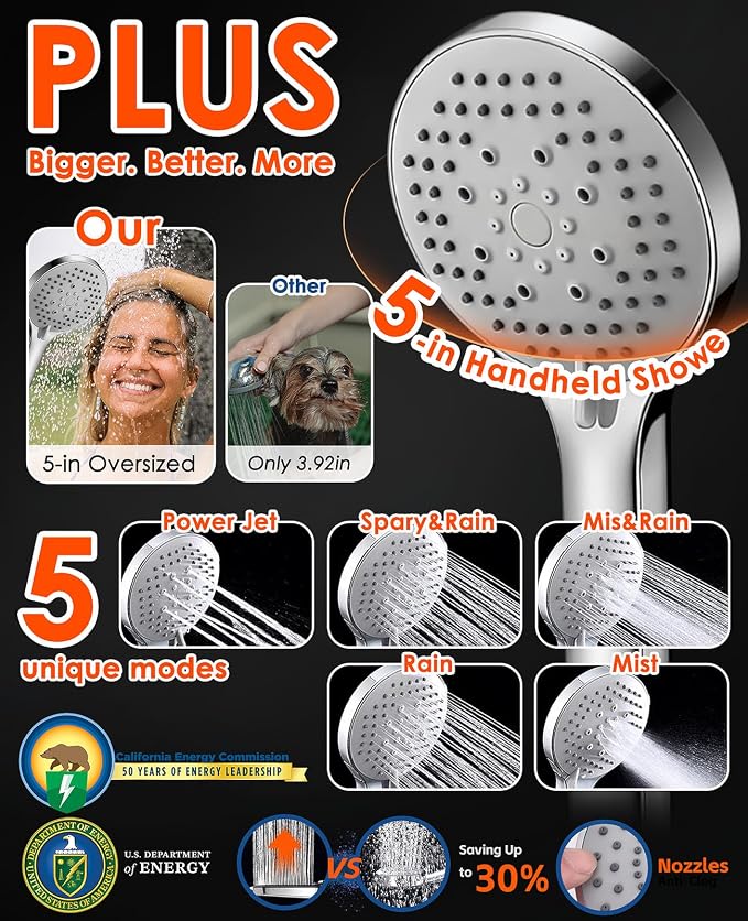 10 Inch Rainfall Shower Head with Handheld Combo and Extension Arm | Large rainfall shower head set with handheld sprayer, 11 inch adjustable arm, 59 inch hose, standard 1/2 inch wall connection
