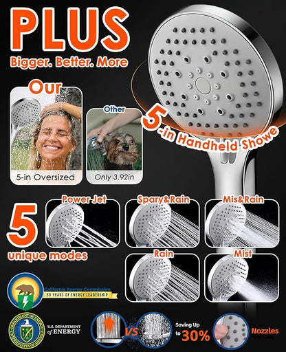 10 Inch Rainfall Shower Head with Handheld Combo and Extension Arm | Large rainfall shower head set with handheld sprayer, 11 inch adjustable arm, 59 inch hose, standard 1/2 inch wall connection