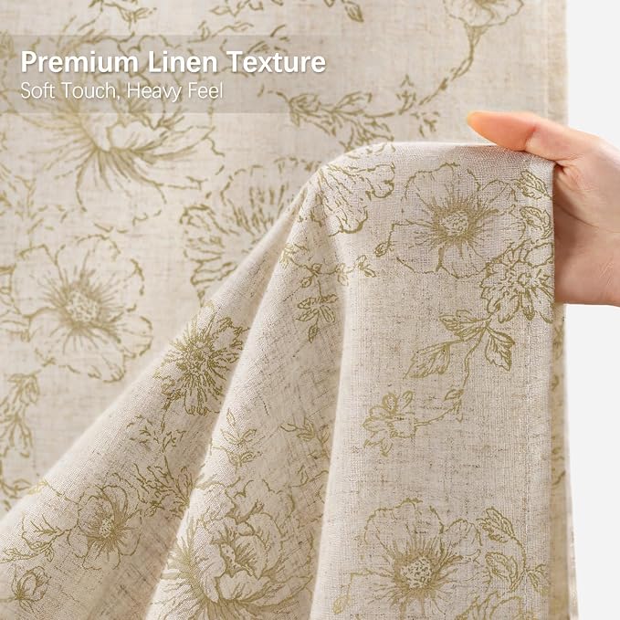 Farmhouse Floral Linen Shower Curtain, Vintage Beige Pattern Rustic Shower Curtains for Bathroom, Tan Taupe,72x96
