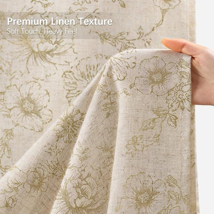 Farmhouse Floral Linen Shower Curtain, Vintage Beige Pattern Rustic Shower Curtains for Bathroom, Tan Taupe,72x96