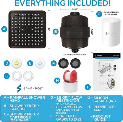 SparkPod Filtered Shower Head, 23-Stage, 6" Square, Oil-Rubbed Bronze | Showerhead for Hard Water, High Pressure, Reduces Chlorine, Heavy Metals, For Dry Skin & Hair, Removable Capsule Filter
