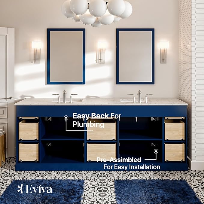 Eviva Blue Bathroom Vanity, 84 inch, Carrara Quartz Countertop - Double Sink - Soft-Closing Doors & Brushed Nickel Handles