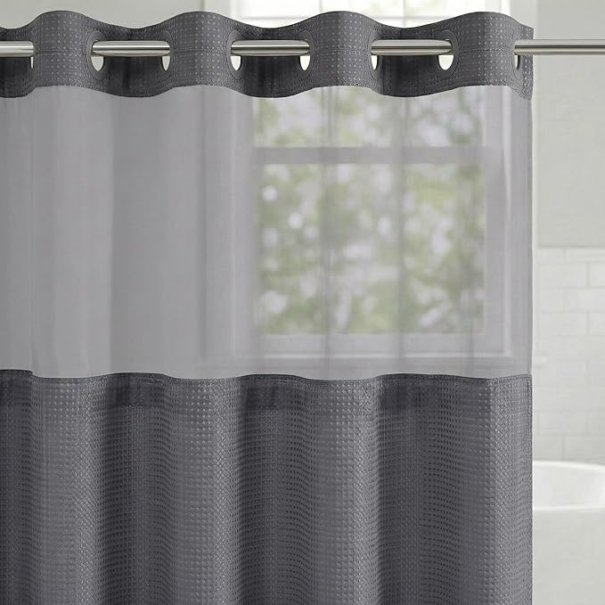 Americanflat 72x75 Hookless Waffle Pattern Shower Curtain - Water-Resistant Long Shower Curtain with Sheer Panel, Snap-in Liner, and Durable Grommets - 100% Polyester - Dark Grey