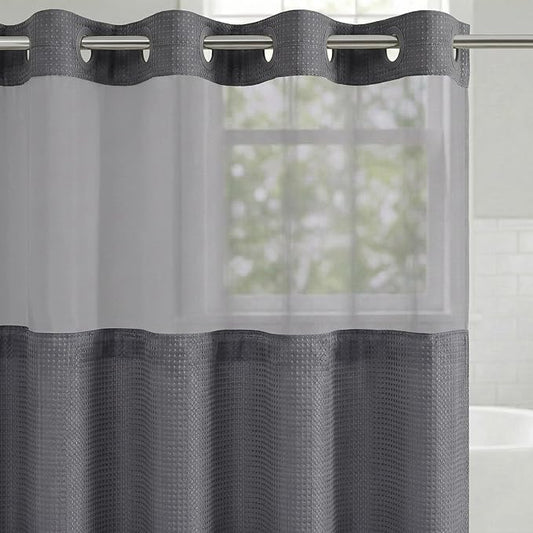 Americanflat 72x75 Hookless Waffle Pattern Shower Curtain - Water-Resistant Long Shower Curtain with Sheer Panel, Snap-in Liner, and Durable Grommets - 100% Polyester - Dark Grey