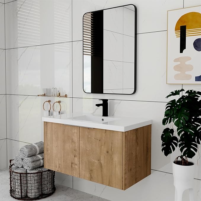 36 Inch Bathroom Vanity with Sink, Modern Wall Mount Floating Bathroom Vanity Set, Brown Vanity, Ceramic Sink and Soft Close Door