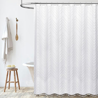 Dynamene Extra Long Shower Curtains, 96 Inches Long Boho Tufted Chevron Striped Fabric Shower Curtains for Bathroom, Tall Minimalist Waterproof Cloth Shower Curtain Set with 12 Hook, White, 72x96