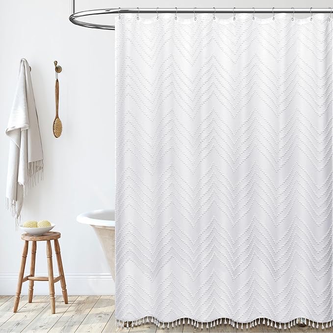 Dynamene 78 Inches Long Shower Curtain, Boho Tufted Chevron Striped Tall Cloth Shower Curtains for Bathroom Decor, Large Hotel Spa Luxury Shower Curtain Set with Hooks, Wrinkle Free, White, 72x78