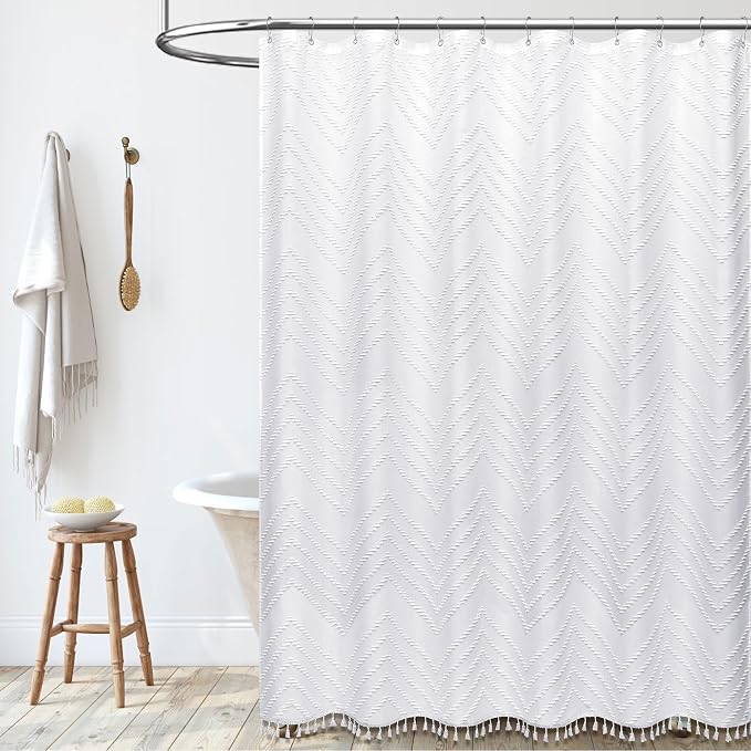 Boho Farmhouse Fabric Shower Curtain Tufted Chevron 72"x72" White | Elegant Tassel, Soft Lightweight Textured Cloth, Water Repellent, Washable, Hotel Spa, for Bathroom/Dorm/Apartment 12 Hooks