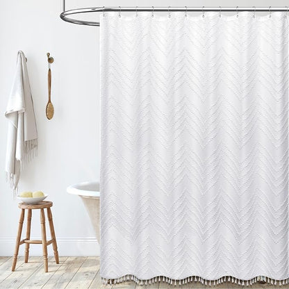 Boho Farmhouse Fabric Shower Curtain Tufted Chevron 72"x72" White | Elegant Tassel, Soft Lightweight Textured Cloth, Water Repellent, Washable, Hotel Spa, for Bathroom/Dorm/Apartment 12 Hooks