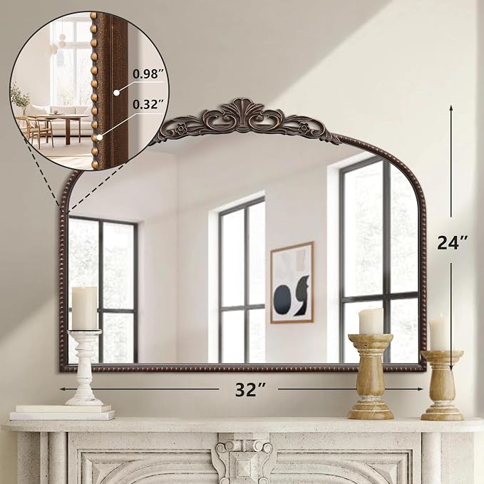 Micasso Vintage Bronze Arched Mirror: 32"x24" Baroque Antique Vanity Mirror | Traditional Ornate French Decorative Wall Mirror for Bedroom/Bathroom/Entryway/Hallway/Dresser/Mantel/Nightstand/Over Sink