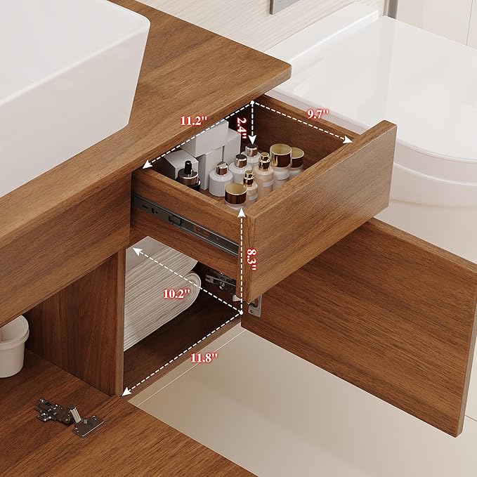 31.5" Floating Bathroom Vanity with Sink and Drawer, Soft Closing, Solid Wood Mid Century Modern Single Bathroom Vanity Cabinet with Storage, Wall Mounted (Walnut)