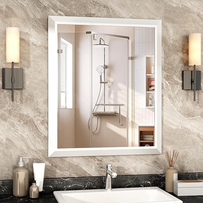 SMIROR 36x30 Matte White Bathroom Vanity Mirror for Over Sink | Metal Wide Frame, Rectangle, Right- Angle Corner, Anti-Rust, Horizontally or Vertically Wall- Mounted for Home Remodel