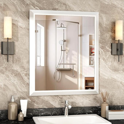 SMIROR 36x30 Matte White Bathroom Vanity Mirror for Over Sink | Metal Wide Frame, Rectangle, Right- Angle Corner, Anti-Rust, Horizontally or Vertically Wall- Mounted for Home Remodel
