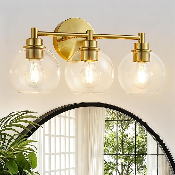 Bathroom Light Fixtures, Vanity Lights for Bathroom 3-Light Gold, Bathroom Lighting Fixtures Over Mirror with Clear Glass Globe Shade, Bathroom Vanity Light for Living Room Kitchen Bedroom Hallway