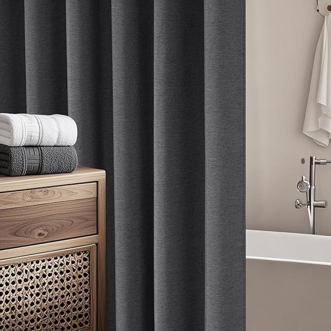 Rustic Country Fabric Shower Curtain Extra Long 72 x 84 Inch, Heavyweight Faux Linen Shower Curtain Charcoal Grey Water-Resistant, Dark Gray Shabby Chic Hotel Bathroom Curtain Washable