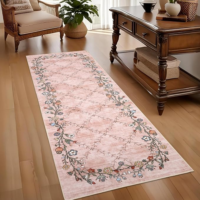 2x6 Modern Floral Area Rug Washable Runner Rug for Hallway Non Slip Low-Pile Stain Resistant Soft Non-Shedding Bathroom Rugs for Nursery Office Dining Room Entryway，Pink