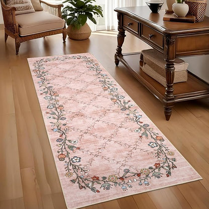 2x6 Modern Floral Area Rug Washable Runner Rug for Hallway Non Slip Low-Pile Stain Resistant Soft Non-Shedding Bathroom Rugs for Nursery Office Dining Room Entryway，Pink