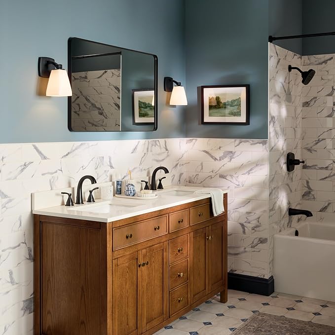 Kichler Marant 5" 1-Light Wall Sconce with Opal Glass in Black, for Bathroom, Powder Room, Hallway, Fireplace, (5" W x 9.5" H), 55214BK