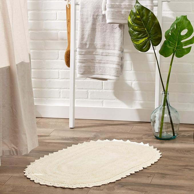 DII Crochet Collection Reversible Bath Mat, Large Oval, 21x34, Off White