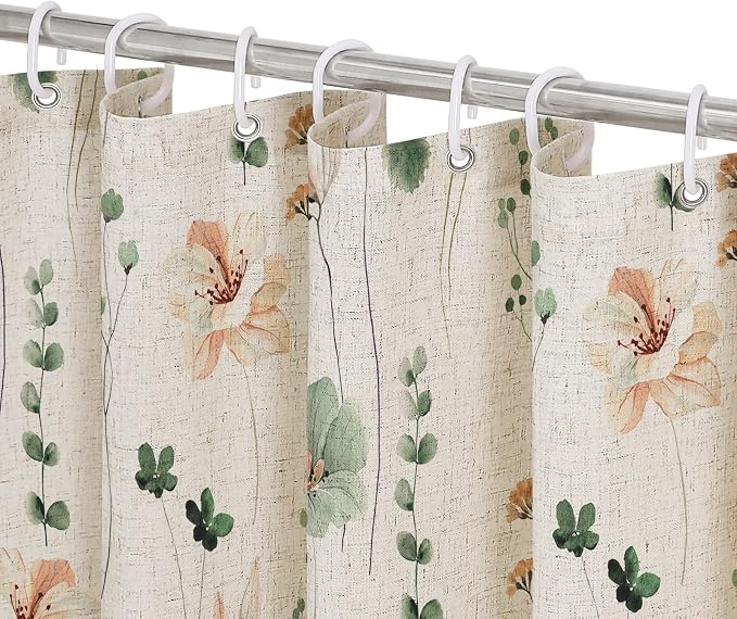 Sage Green Linen Watercolor Floral Fabric Shower Curtain, 72x84 | Linen Fabric, Modern Minimalist Floral Print, Machine Washable, Rustproof Grommets, for Bathroom Home