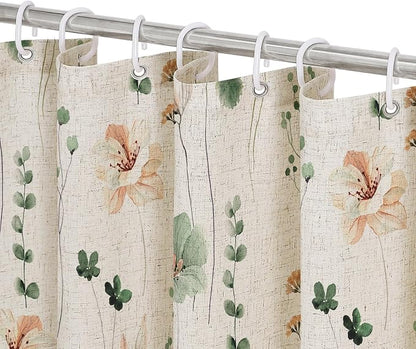Sage Green Linen Watercolor Floral Fabric Shower Curtain, 72x72 | Linen Fabric, Modern Minimalist Floral Print, Machine Washable, Rustproof Grommets, for Bathroom Home
