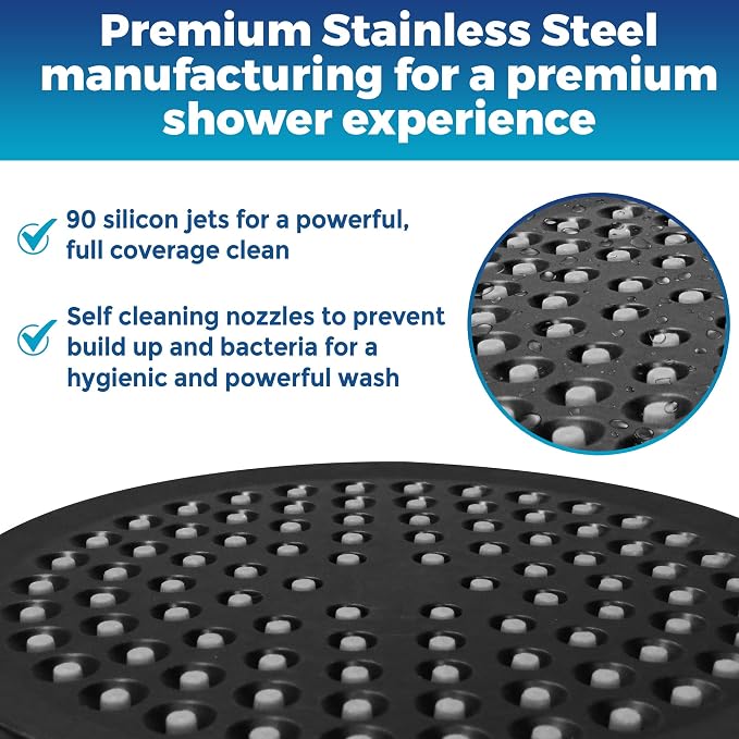 CircleSplash Shower Head - High Pressure 2.5 GPM - Matte Black | Anti-clog silicone nozzles, removable restrictor, easy-clean fixed replacement